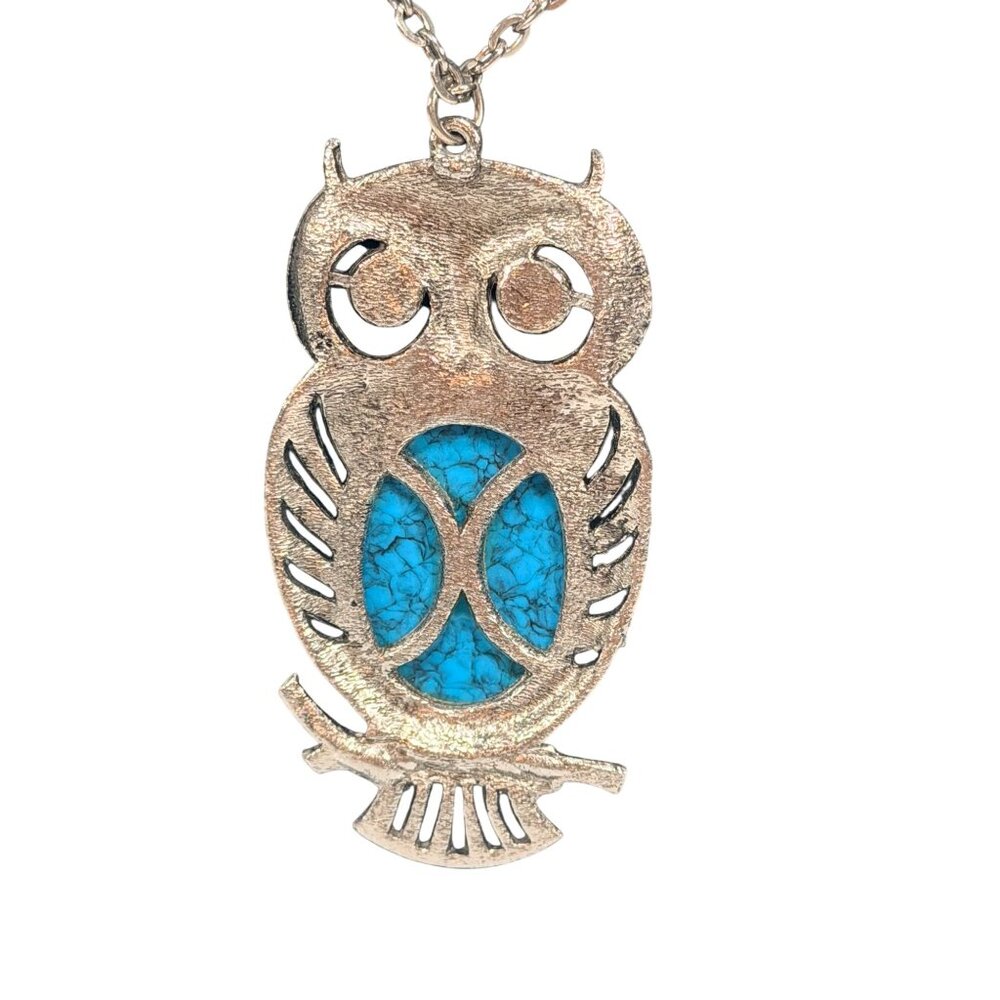 Vintage Statement Large Faux Turquoise Silver-Tone Owl Pendant Necklace MCM - Picture 4 of 5